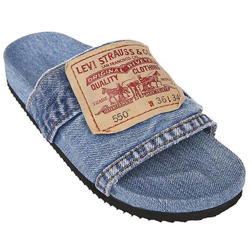 Denim Women's Cool Round Head Flat Slides Blue/Black