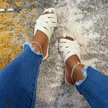 Summer Leather Flat Beach Slides Outdoor Casual  Women Slippers